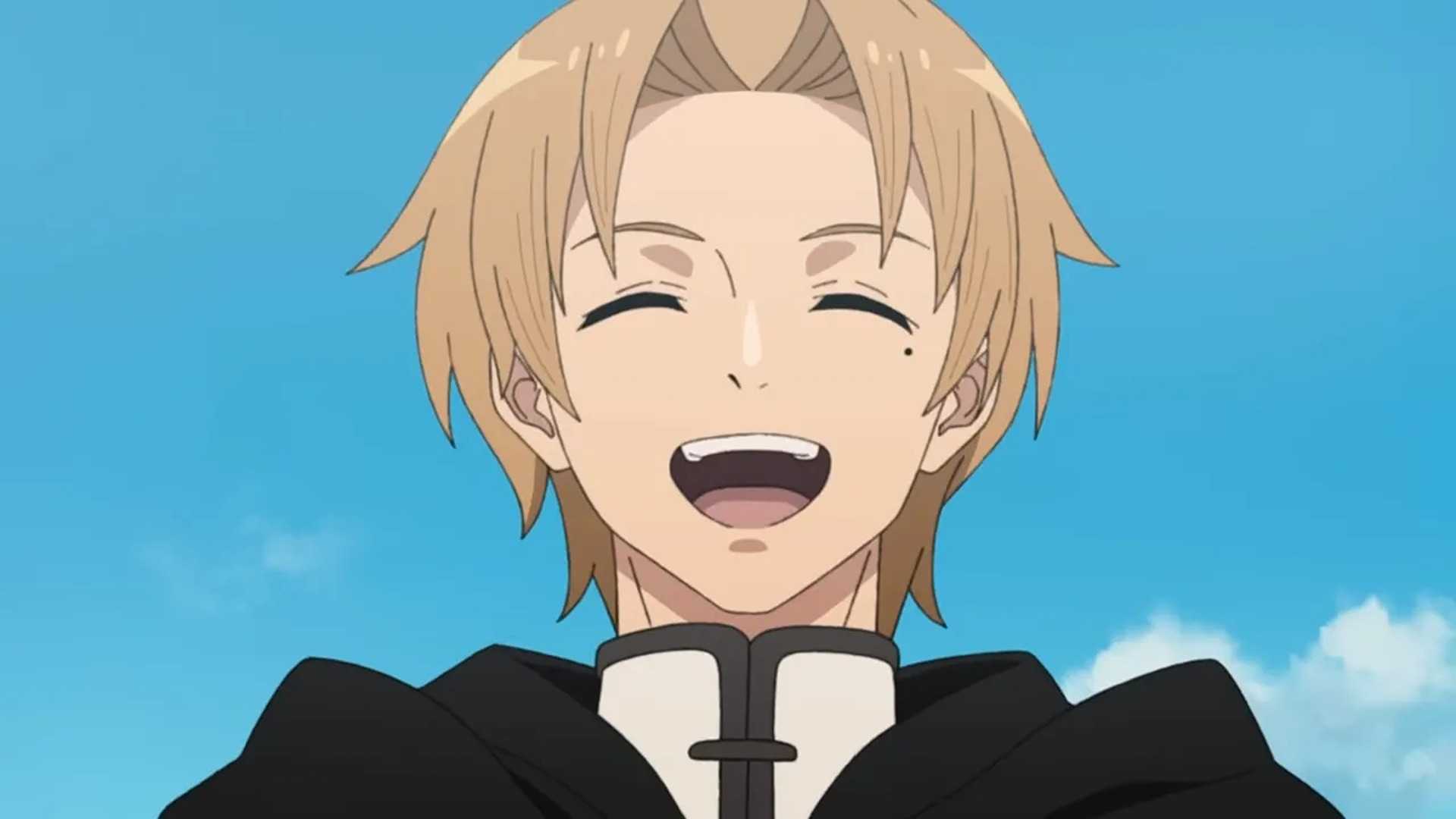 Rudeus rindo em novo visual de Mushoku Tensei: Jobless Reincarnation Temporada 3.