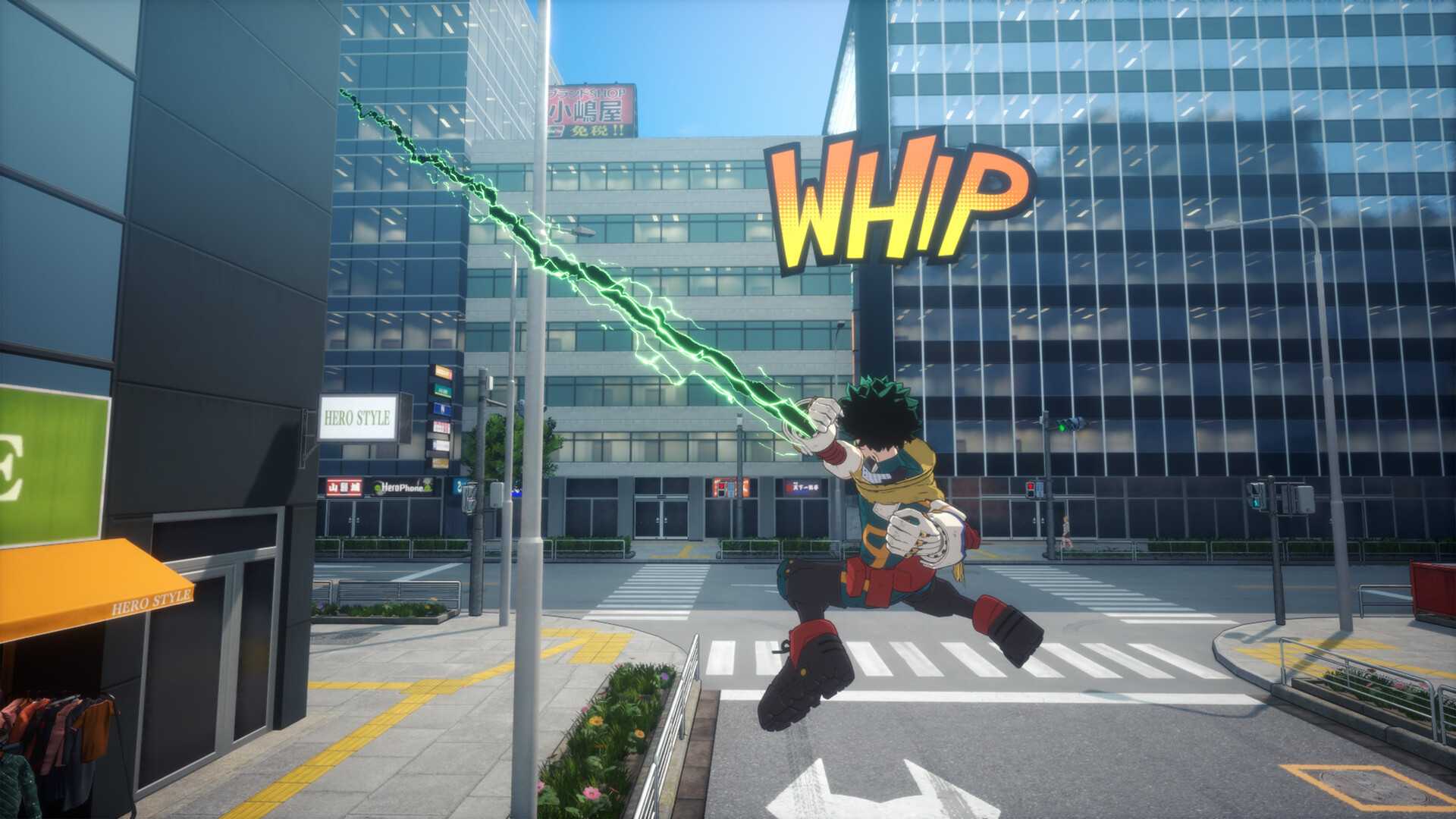 Deku balançando pela cidade em My Hero Academia All's Justice.