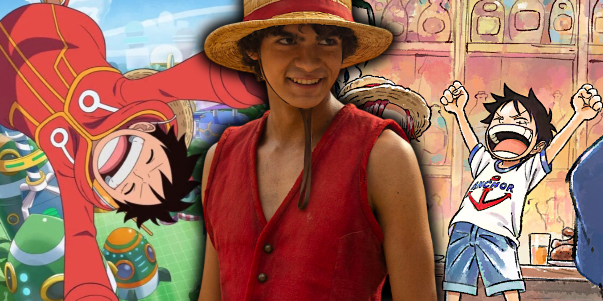 Luffy live-action da Netflix em frente ao WIT Studios, Luffy do remake de One Piece e Luffy do anime original - Imagem em destaque do anime