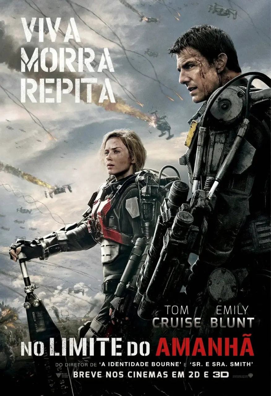 Poster oficial brasileiro de No Limite do Amanhã com Tom Cruise e Emily Blunt em destaque