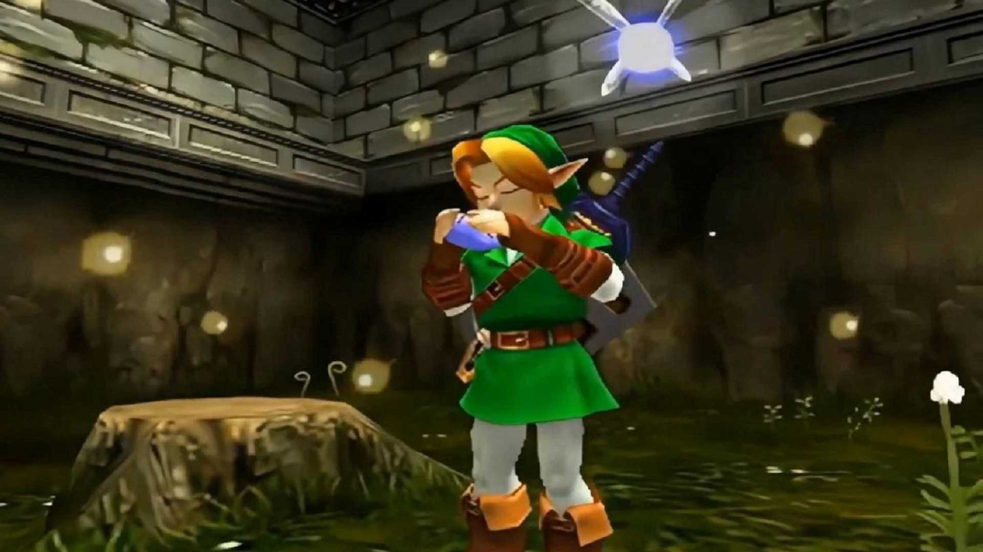 Link tocando o Ocarina em The Legend of Zelda: Ocarina of Time 3D