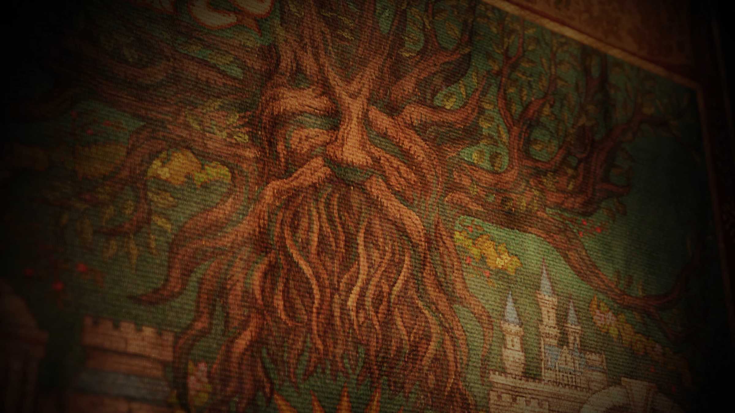 The Deku Tree em uma tapeçaria no remake de Ocarina of Time.