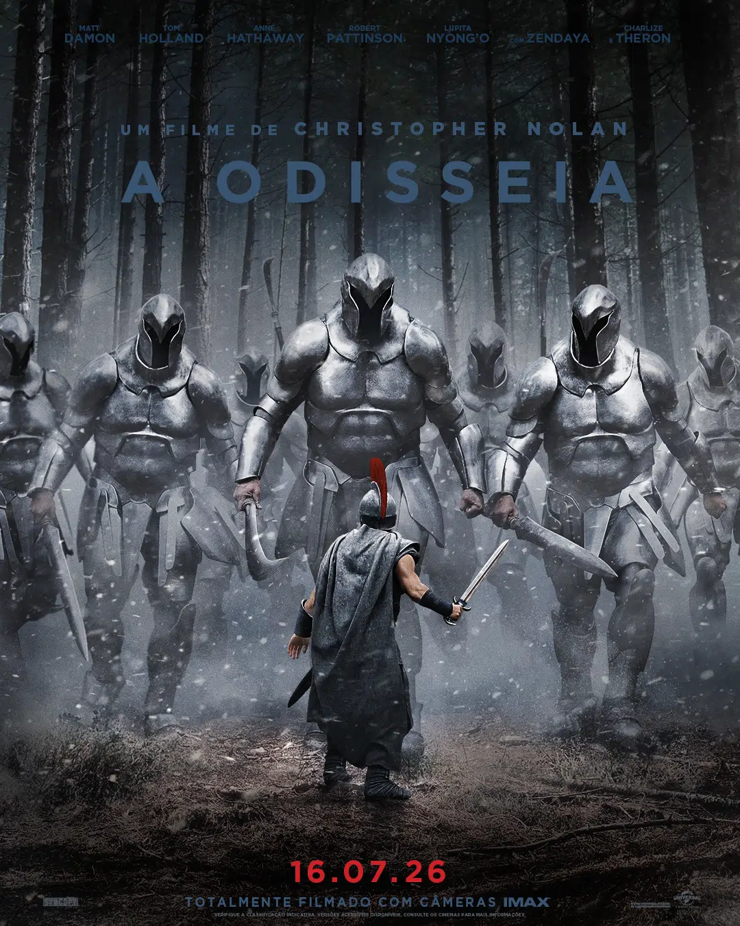 Câmera IMAX 70 mm em bastidor de filmagem de A Odisseia com equipe técnica ao redor
