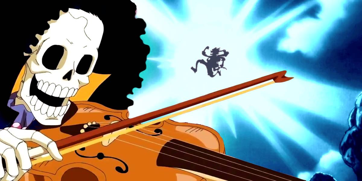 One Piece Brook tocando violino contra a silhueta de Gear Five Luffy contra a lua