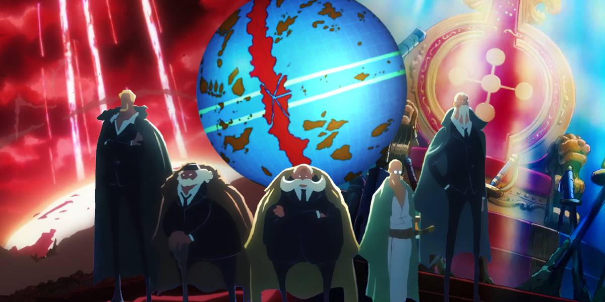 Os cinco anciãos de One Piece em volta do mundo de One Piece com o trono vazio ao fundo à direita e a ilha de Lulusia sendo destruída à esquerda
