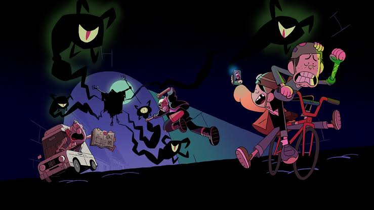 Cena de Os Doomies com Bobby e Romy diante de um portal sobrenatural aberto na cidade litorânea