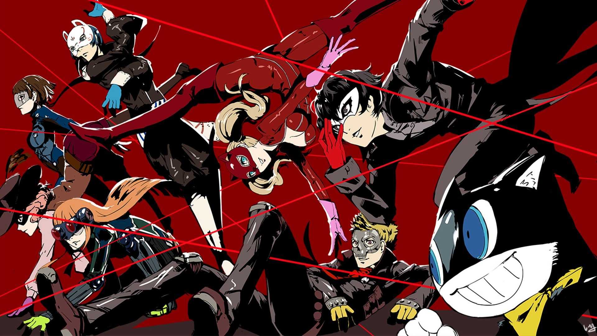 Persona 5 party members pose in front of a red background
