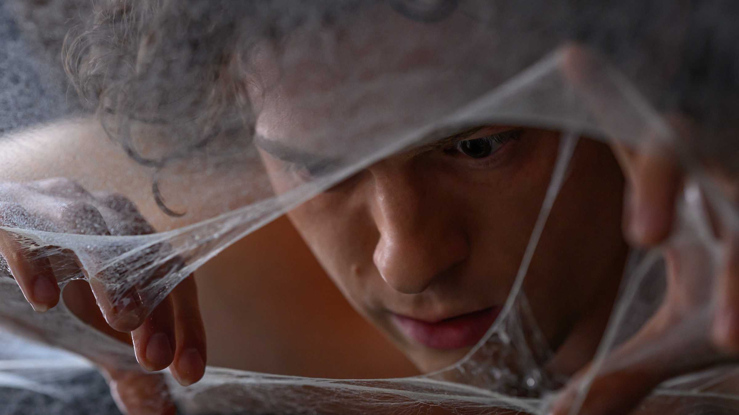 Peter Parker olhando através de suas teias de aranha em Spider-Man Brand New Day