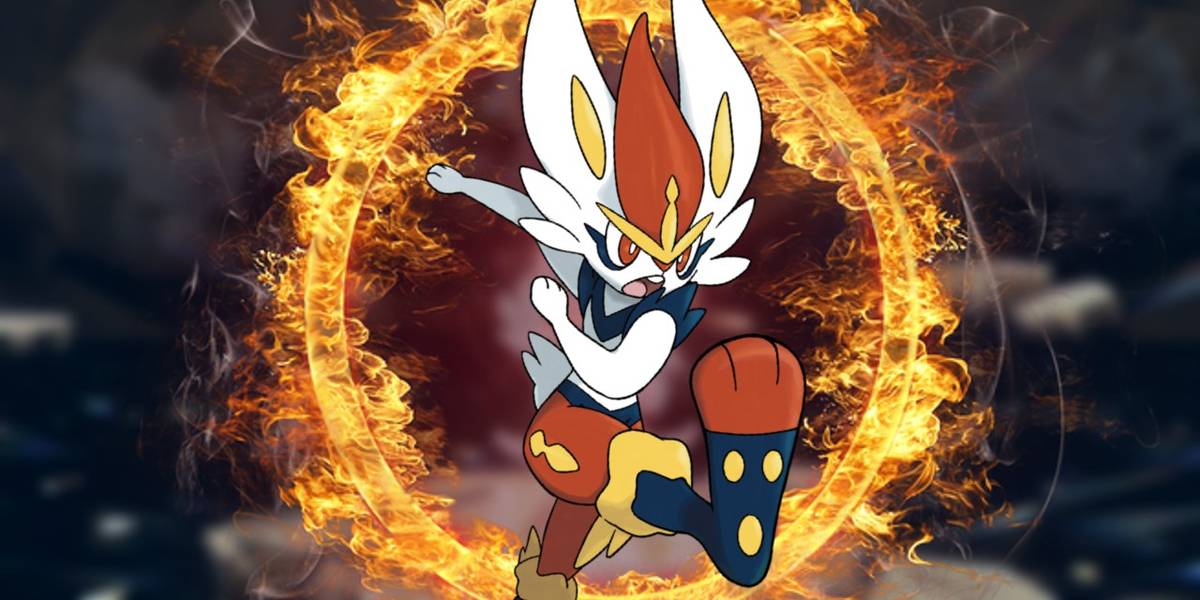 O Cinderace de Pokémon Scarlet and Violet chuta o ar, enquanto um anel de fogo se forma atrás dele. Ao fundo, há uma caverna de Tera Raid.