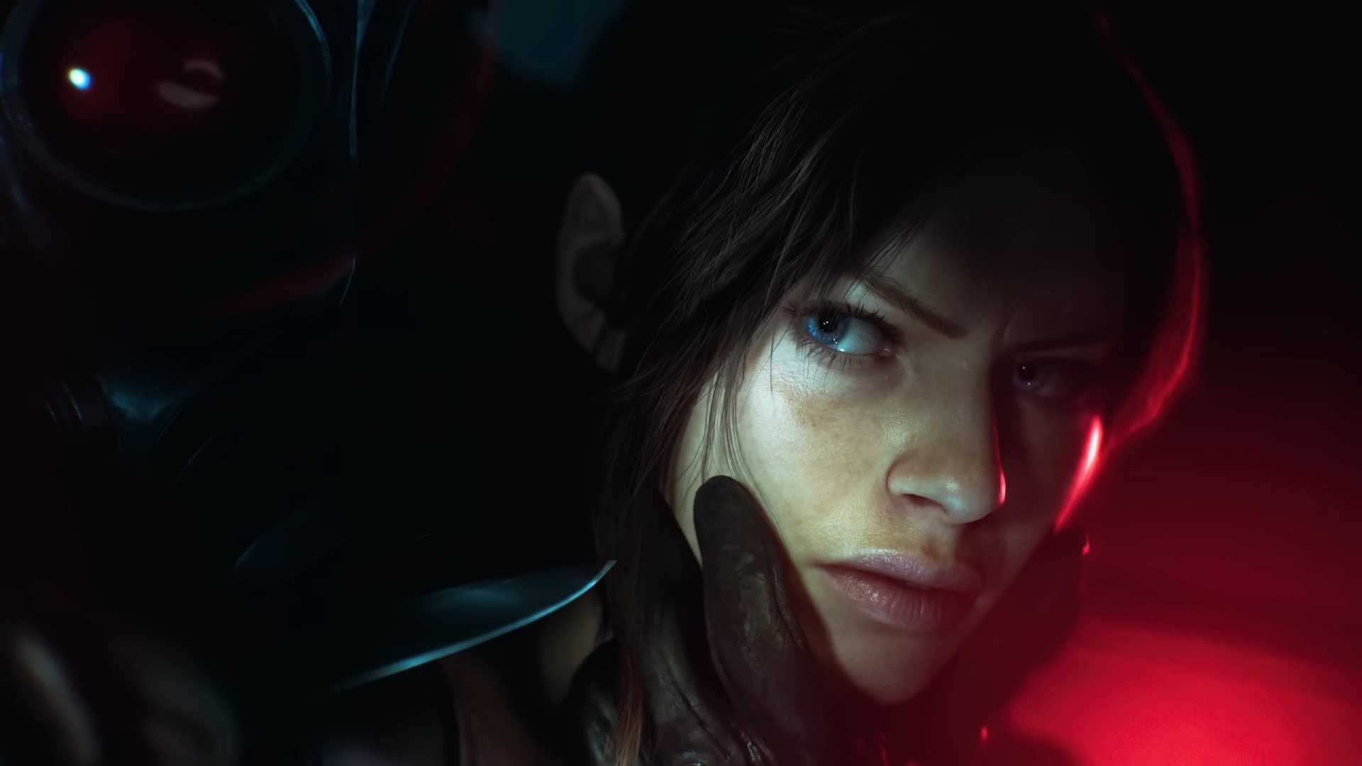 Claire Redfield com expressão séria enquanto a mão de alguém atrás dela envolve seu rosto em Resident Evil Veronica.
