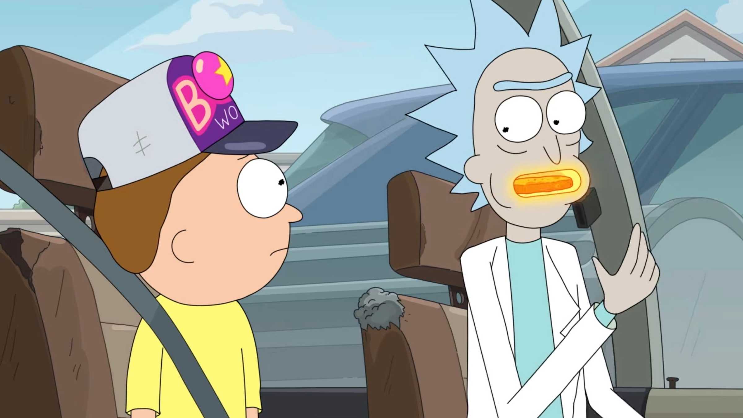 Rick e Morty sentados em uma nave espacial em Rick and Morty temporada 9 episódio 3