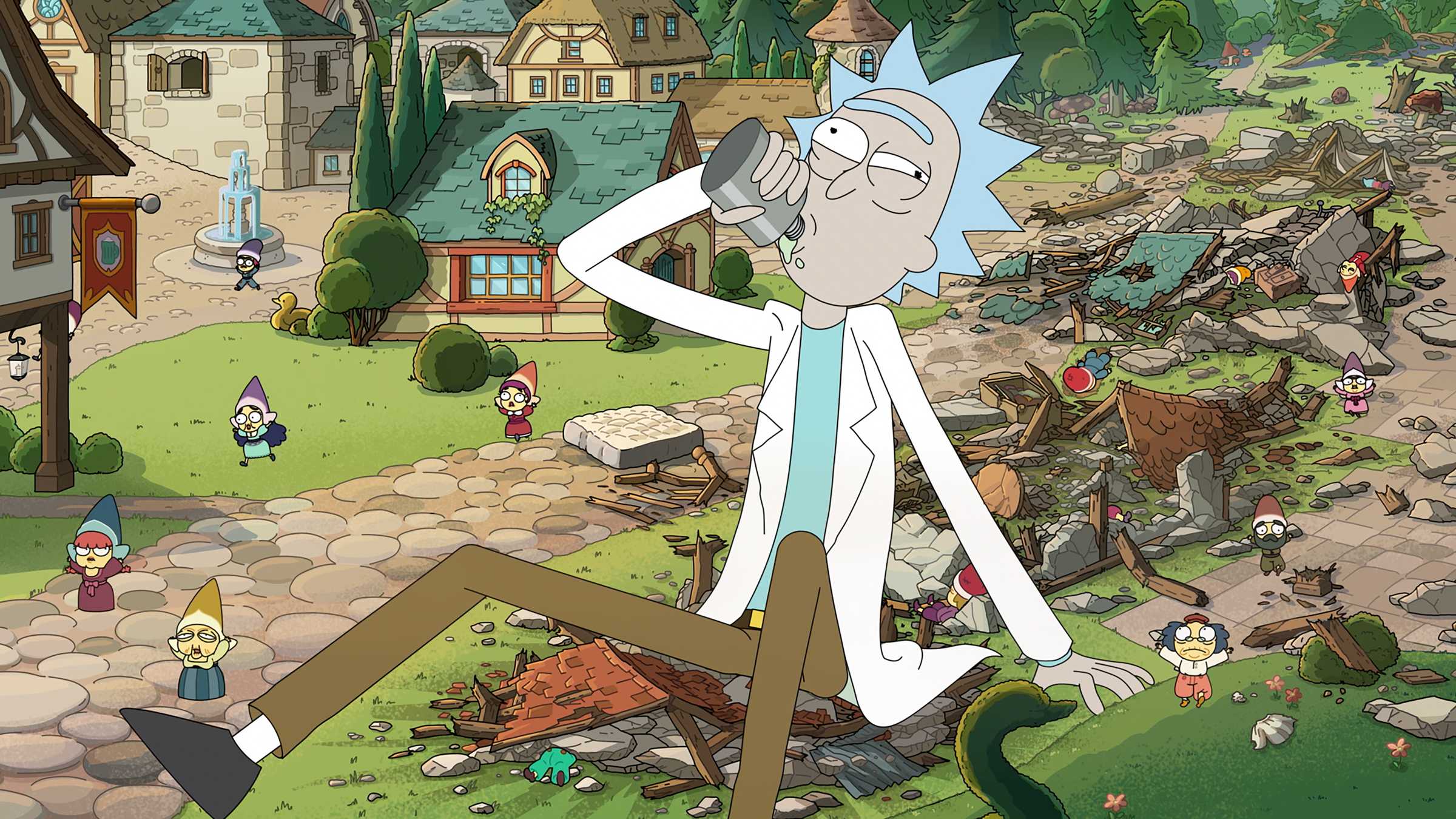 Rick sentado e bebendo alcoolicamente de seu cantil em meio a uma pequena vila destruída em Rick and Morty temporada 9
