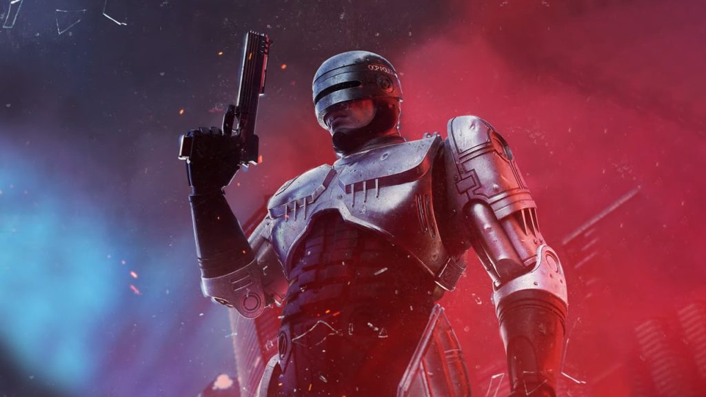 Arte conceitual de um novo RoboCop patrulhando cidade futurista sombria, visual adulto e neon
