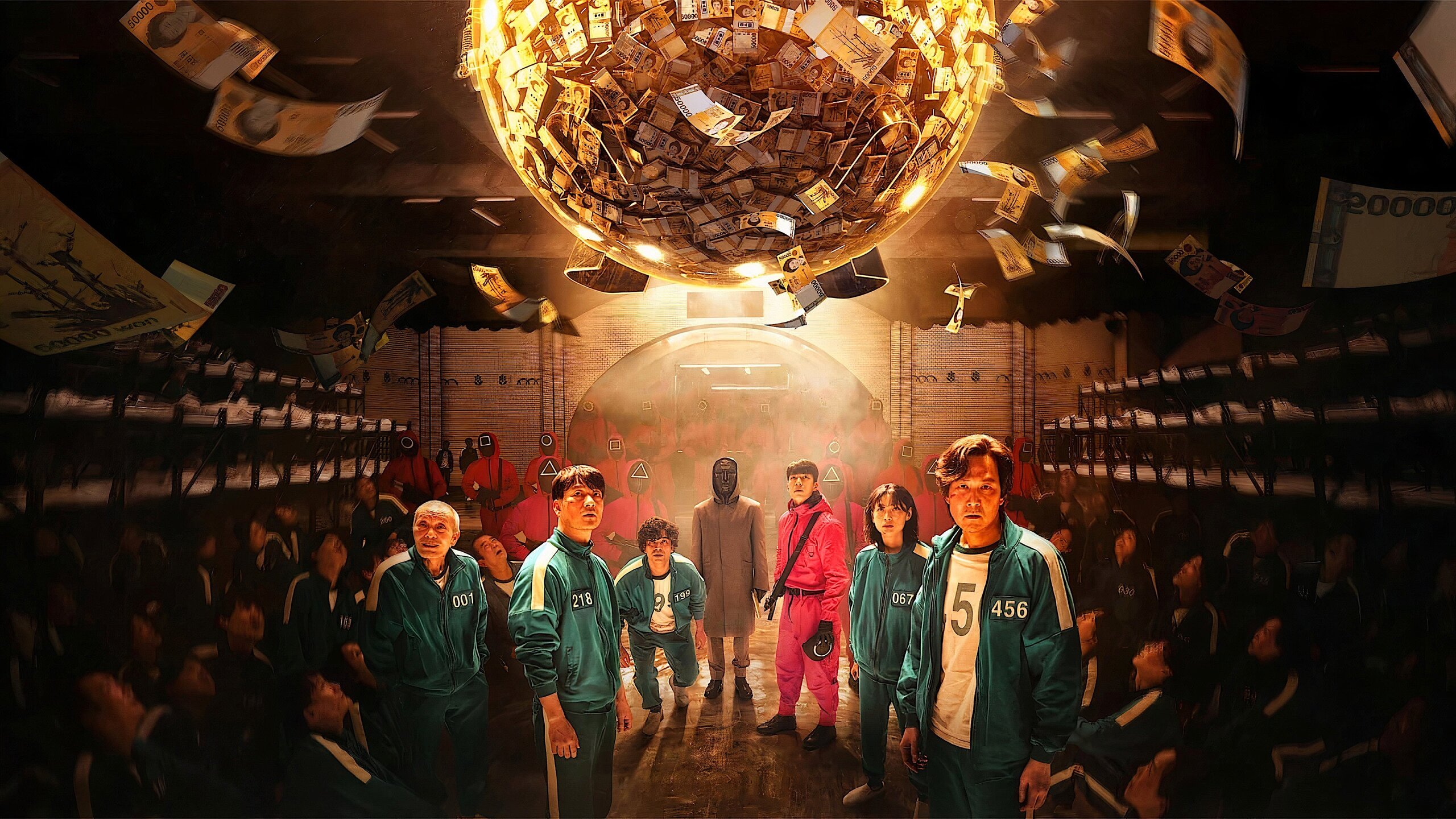 Elenco de atores de Squid Game (Round 6) reunidos no cenário da série Netflix