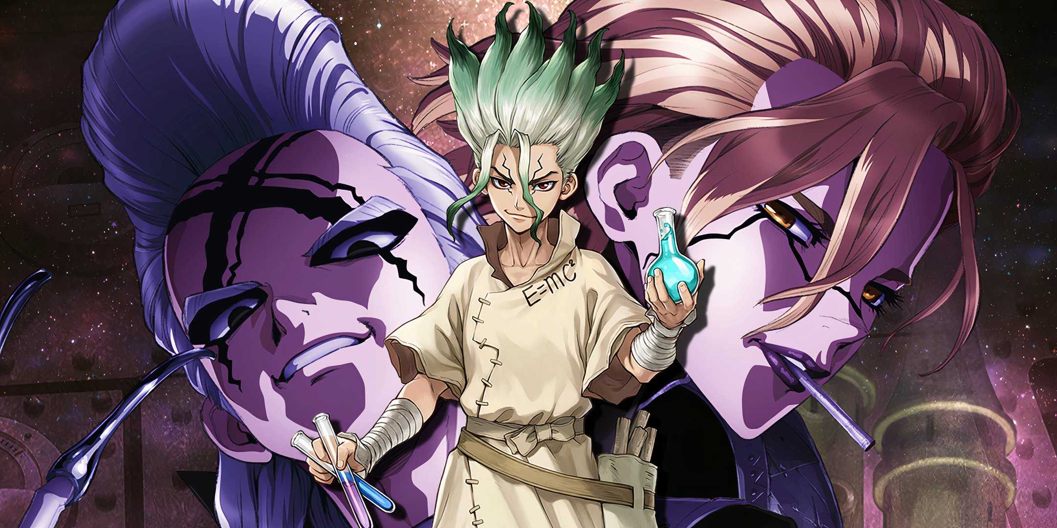 Senku de Dr Stone com Xeno e Stanley ao fundo