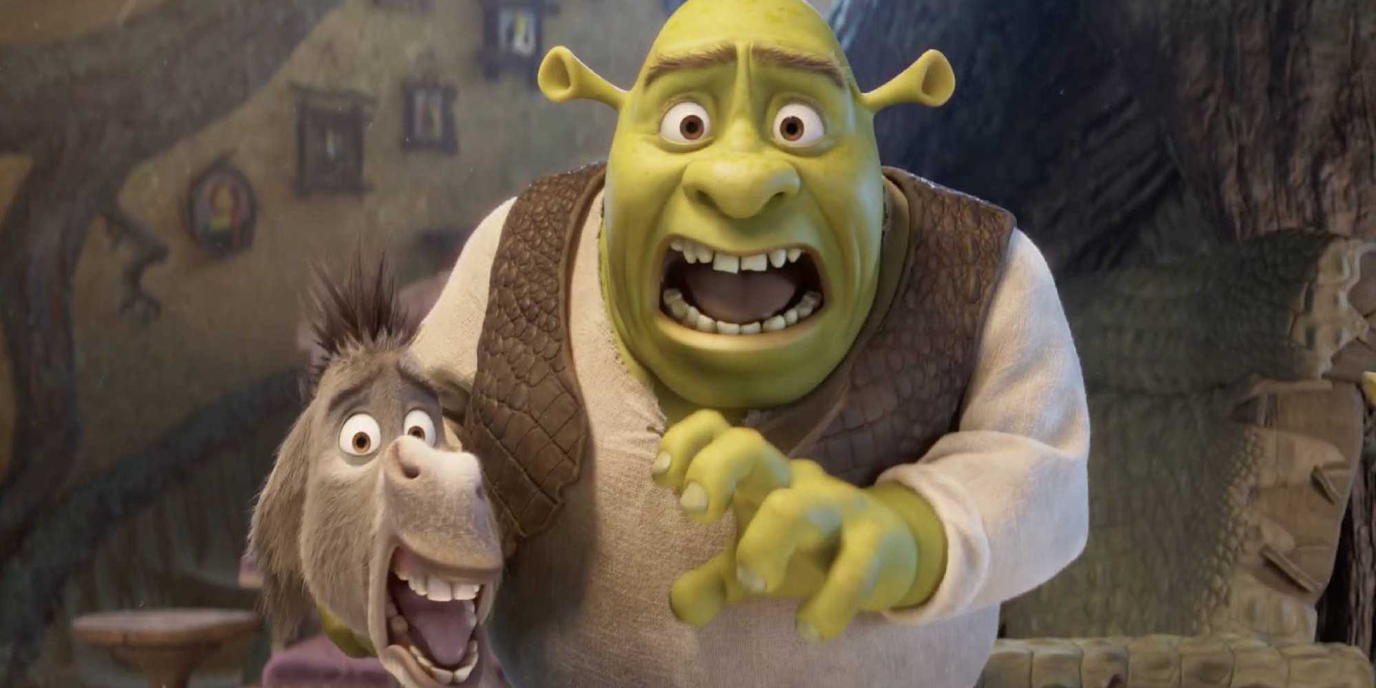 Shrek e Burro olhando surpresos para um espelho no teaser de Shrek 5