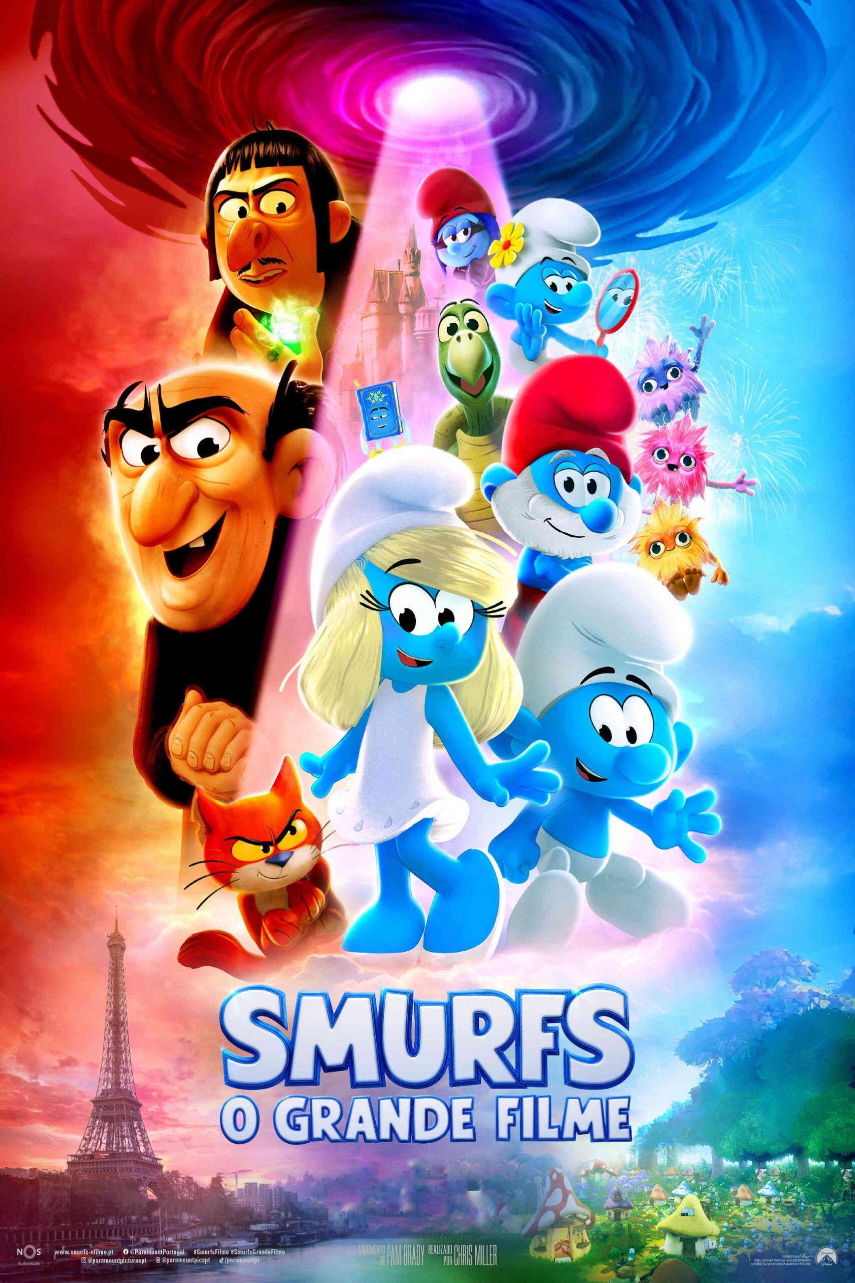 Pôster oficial do filme Smurfs com os personagens em cena de aventura