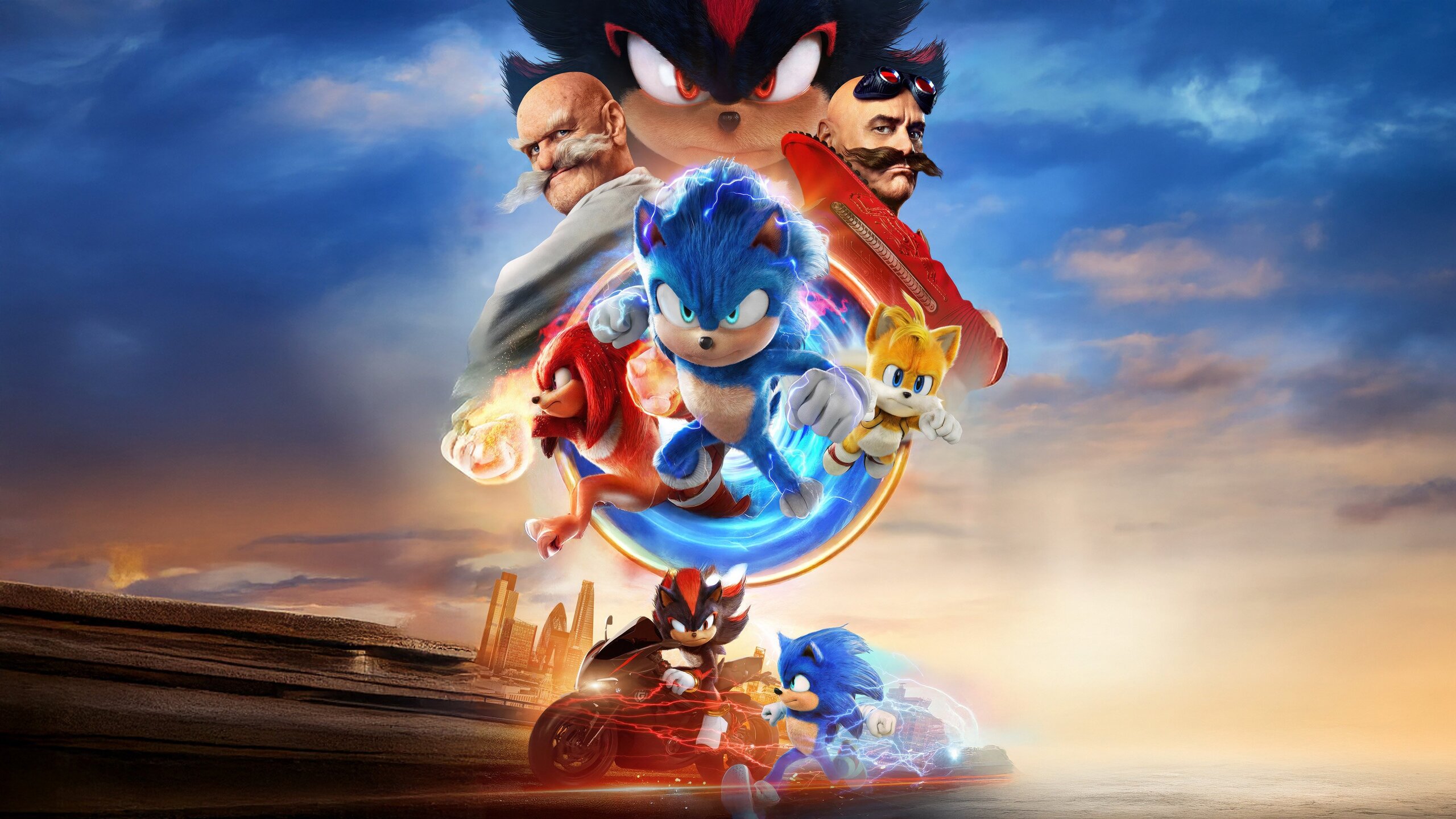Tails e Knuckles em cena de equipe do filme Sonic the Hedgehog 3 da Paramount