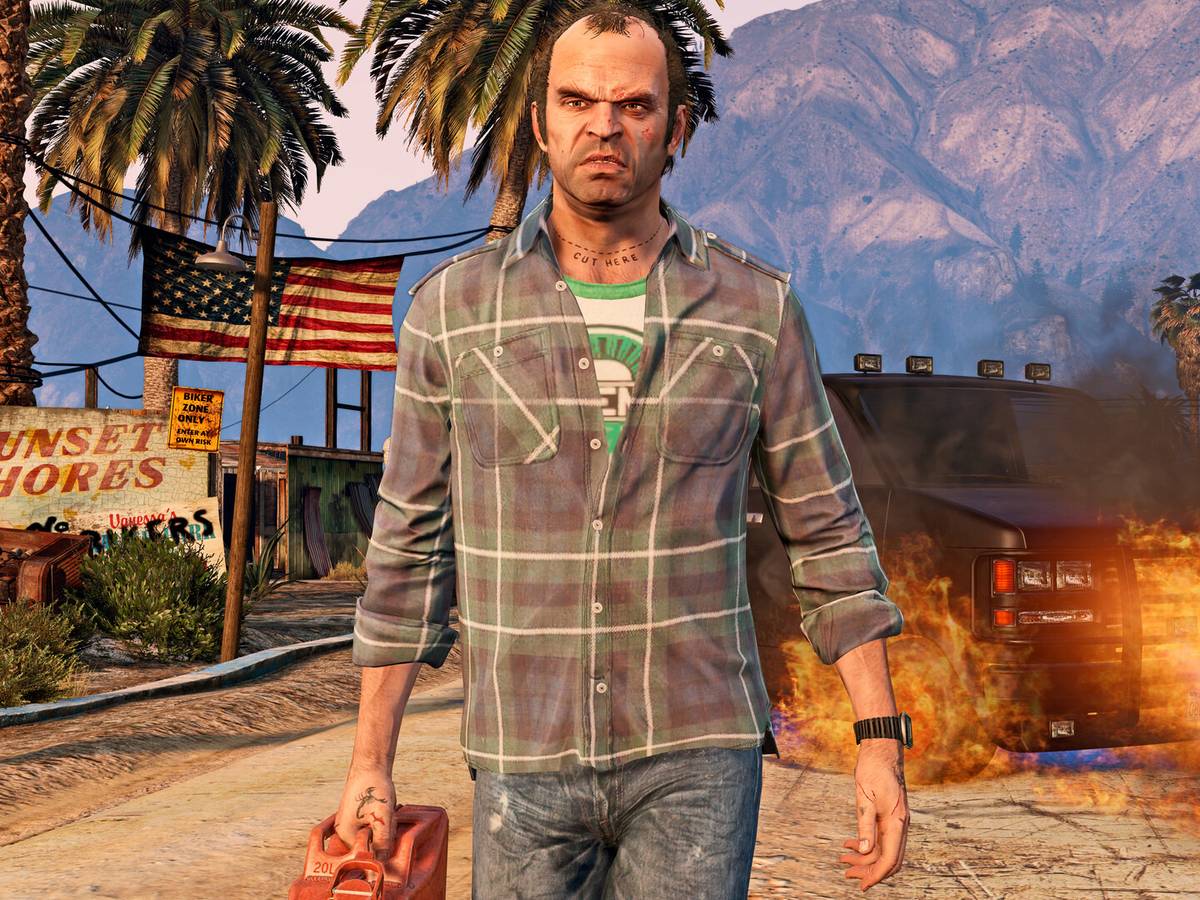 Arte oficial de Grand Theft Auto V com Michael, Franklin e Trevor em montagem promocional