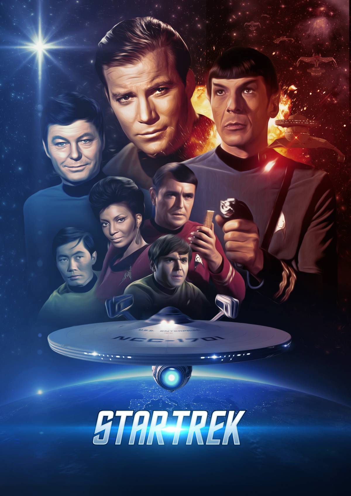 O elenco original de Star Trek reunido atrás de uma imagem da USS Enterprise em um pôster de Star Trek
