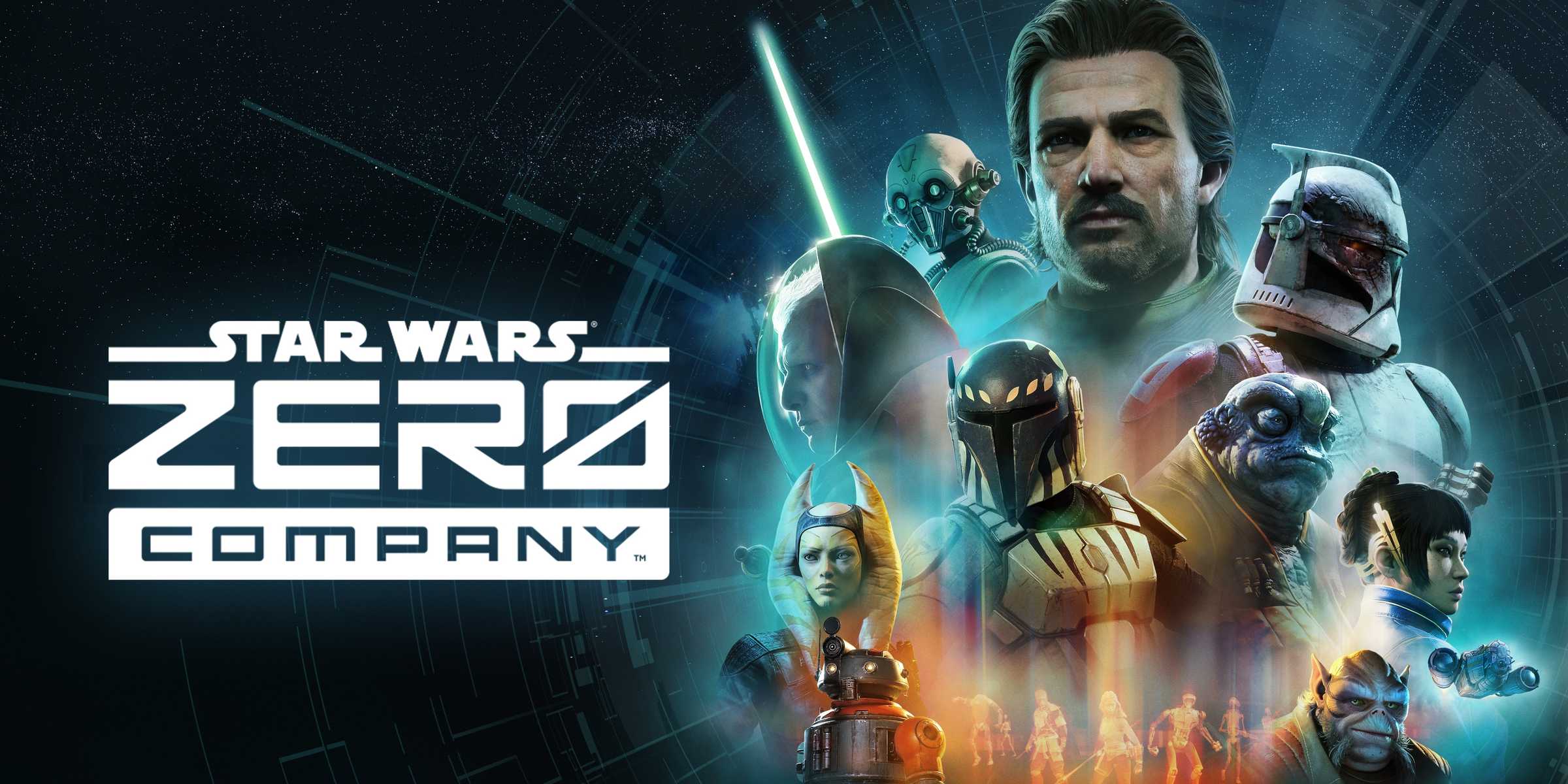 Vários personagens de Star Wars Zero Company estão reunidos na arte principal do jogo, com o logo à esquerda.