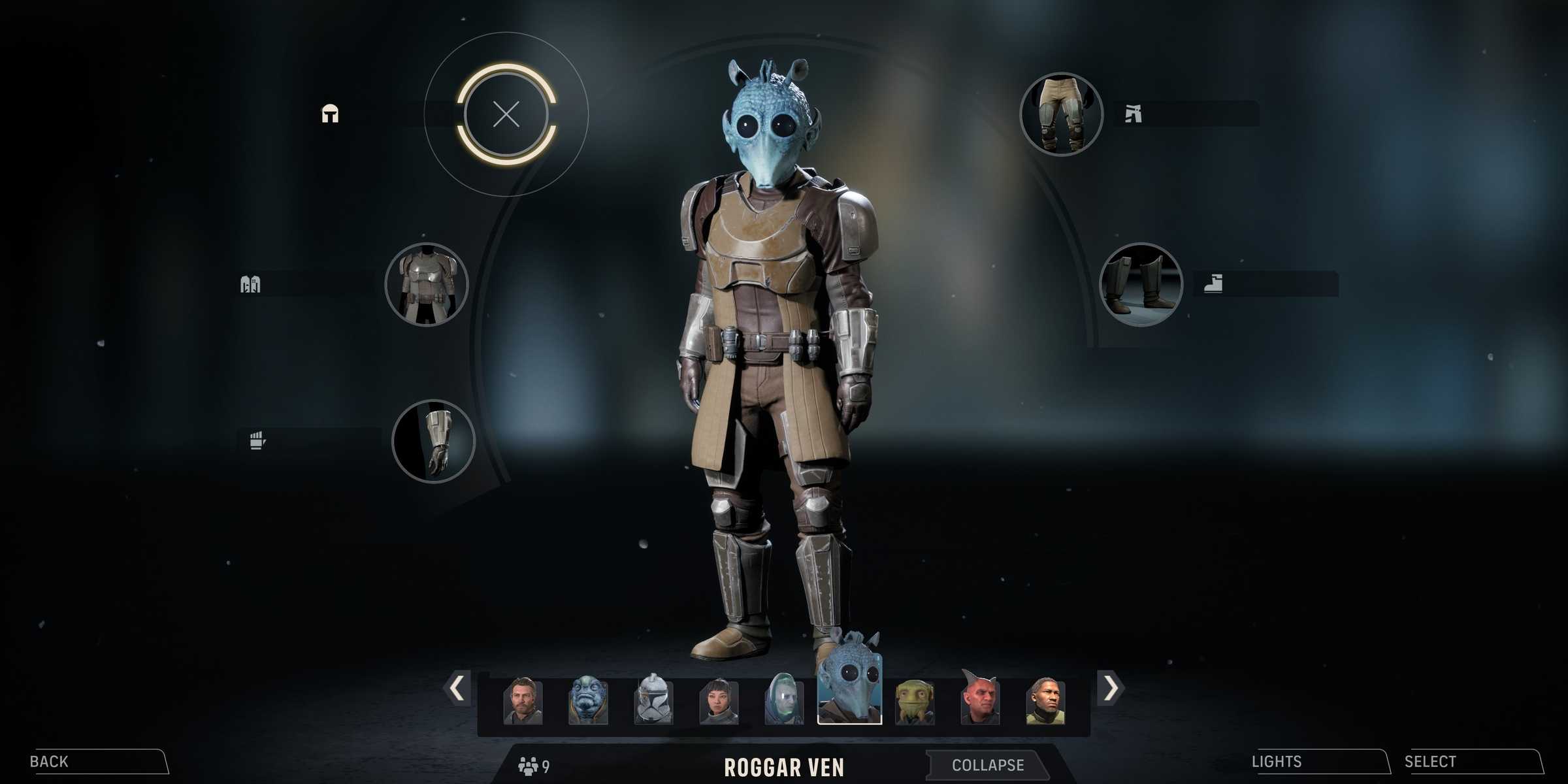 A tela de customização de Roggar Ven em Star Wars Zero Company.