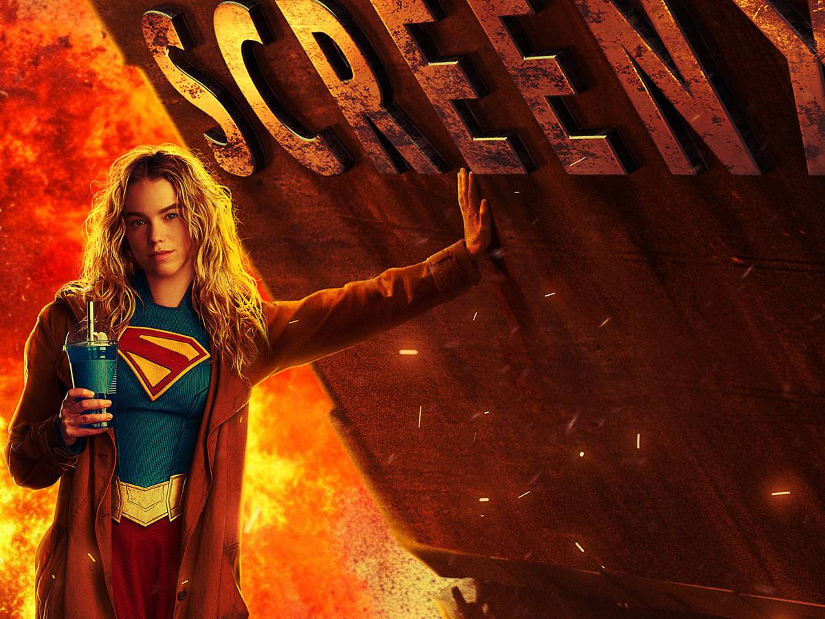 Arte inspirada na HQ Supergirl: Mulher do Amanhã com Kara, Ruthye e Krypto em cenário cósmico