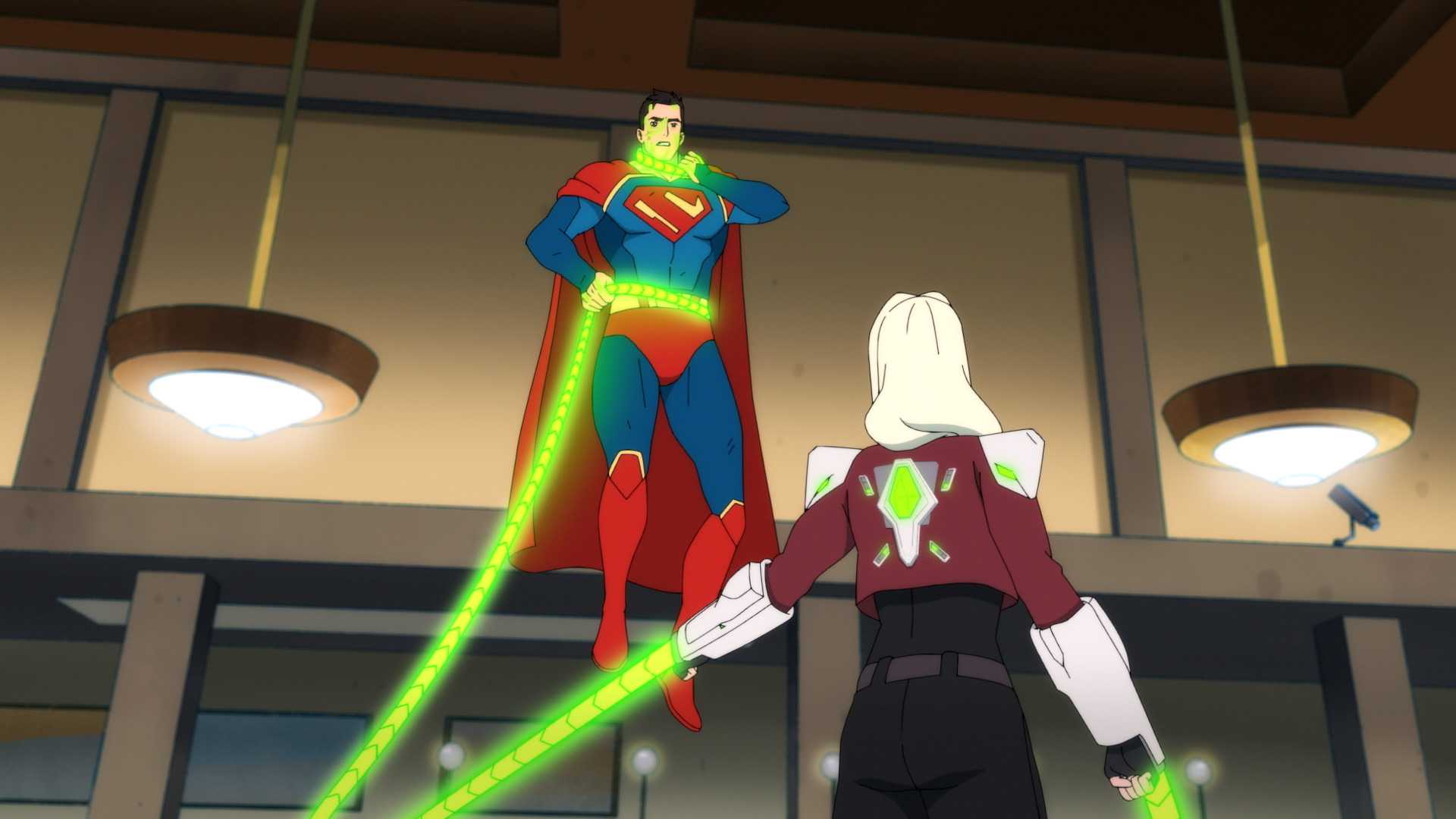 Superman segurado por chicotes de kryptonita de um vilão em My Adventures with Superman temporada 3