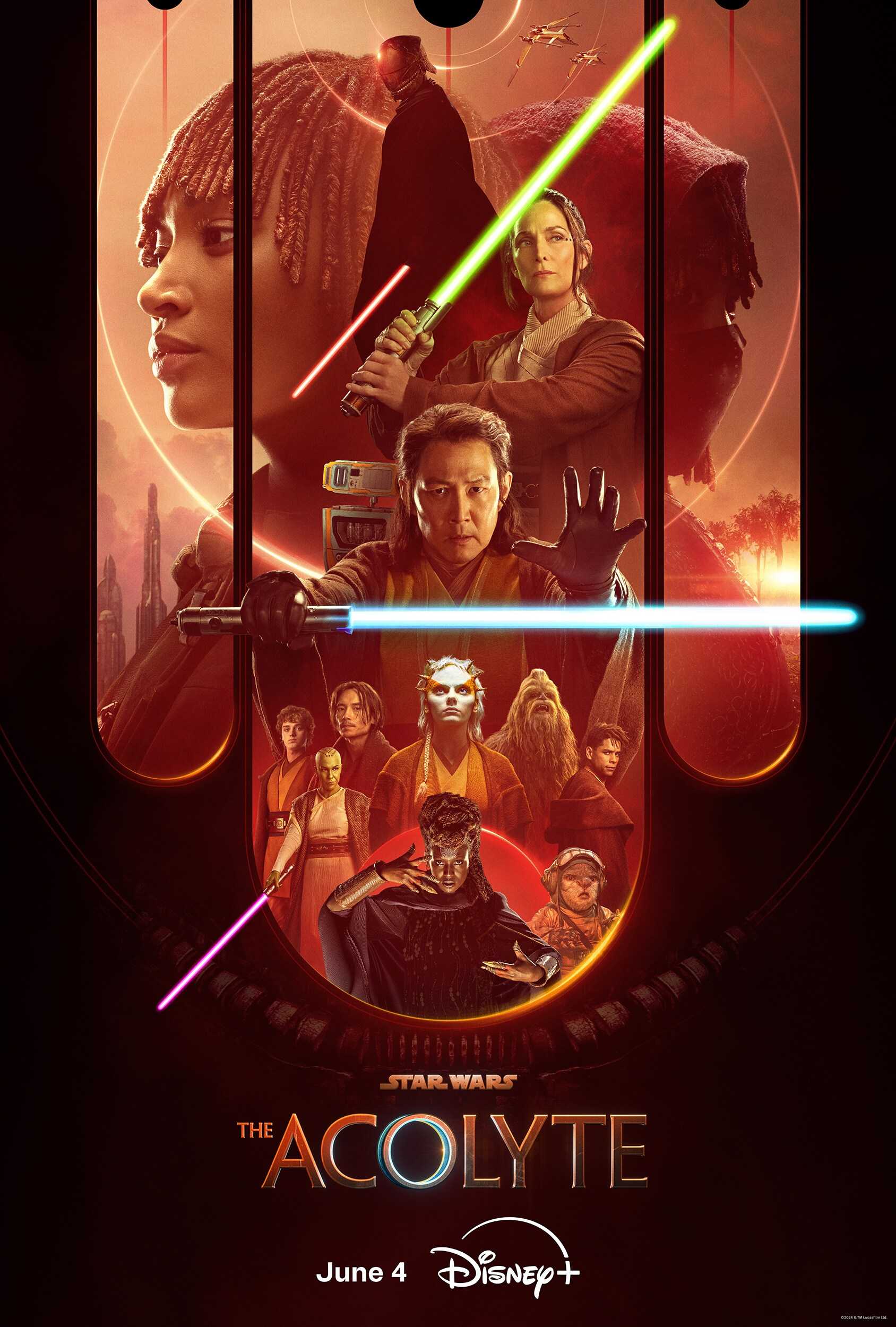 Pôster de The Acolyte mostrando a Ordem Jedi, Mae e um Lorde Sith segurando sabres de luz