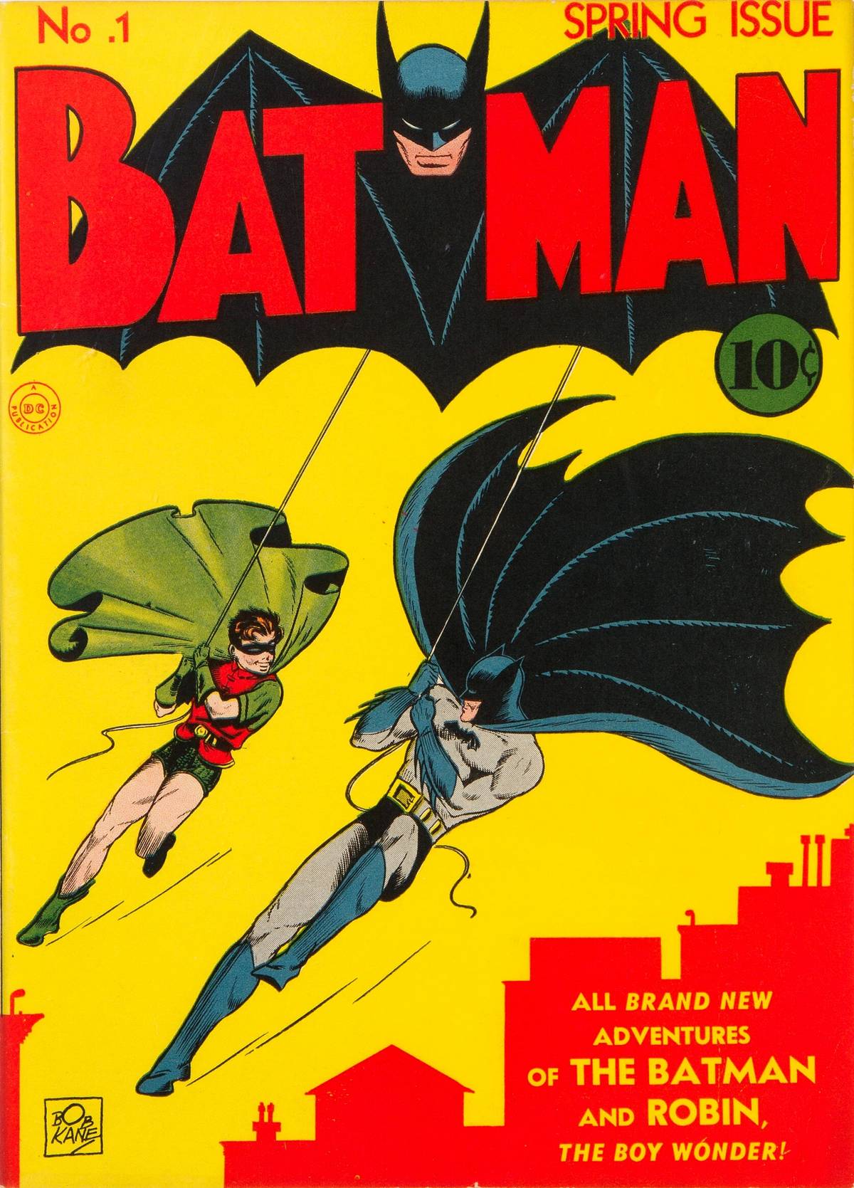 A capa da edição #1 de Batman mostra Bruce Wayne como Batman e Dick Grayson como Robin balançando pela cidade de Gotham.