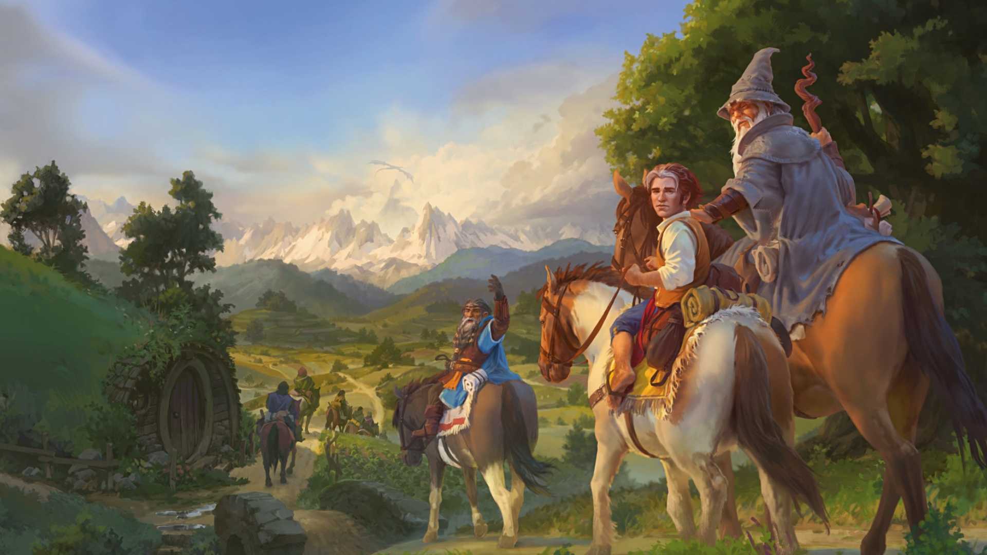 Frodo, Gandalf e os Anões deixando o Condado em arte do conjunto The Hobbit Magic: The Gathering.