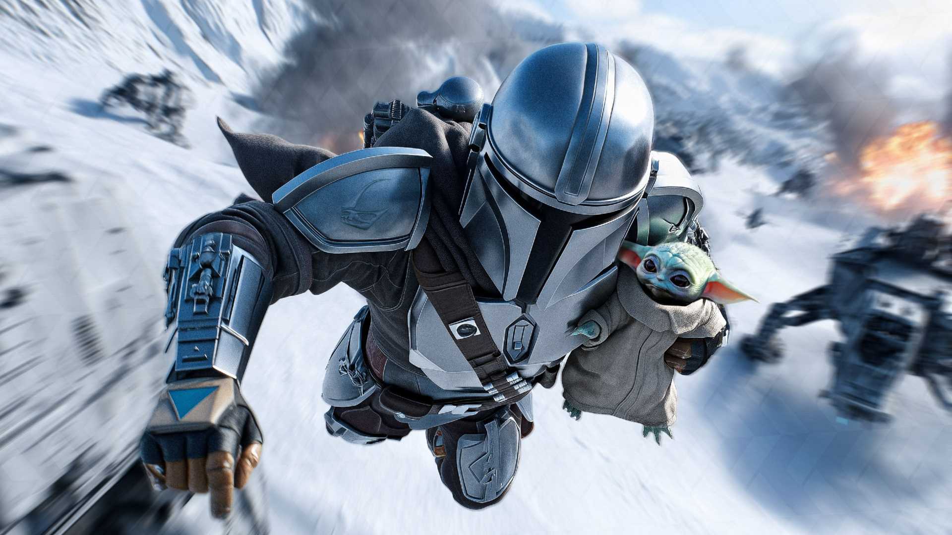 Din e Grogu voando na arte promocional de The Mandalorian and Grogu