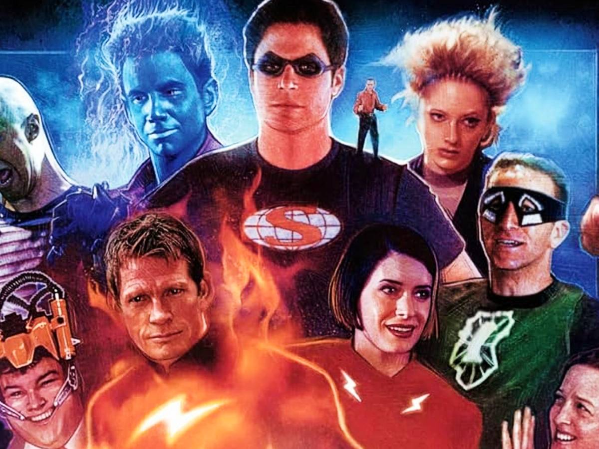 Pôster oficial de Super com Rainn Wilson como Crimson Bolt em destaque