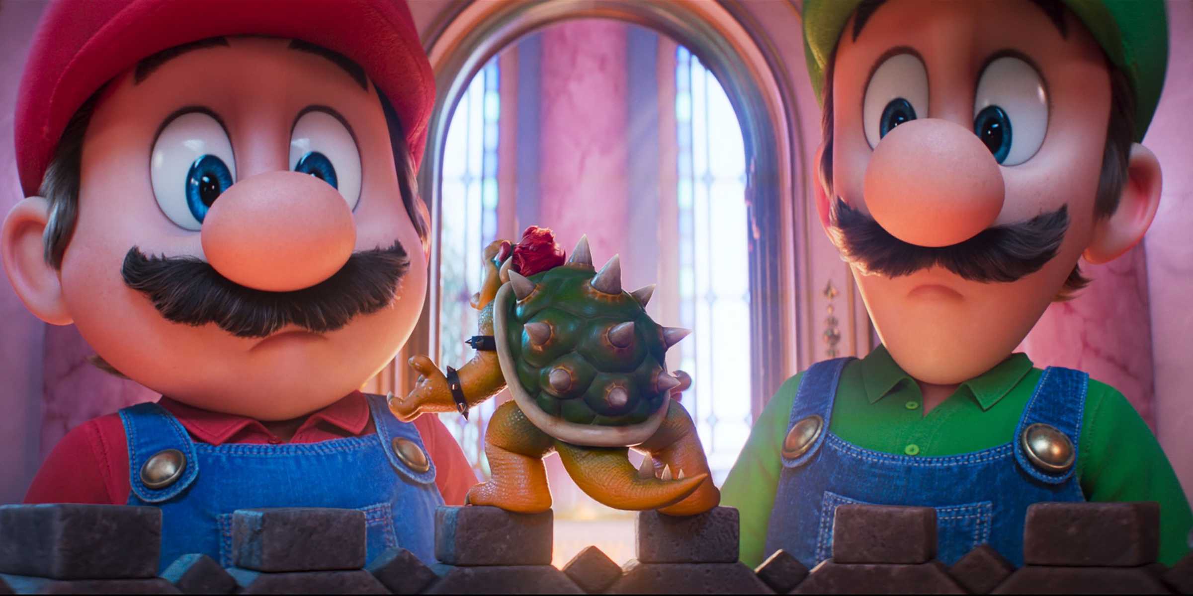 Mario e Luigi vendo Bowser em um espelho.