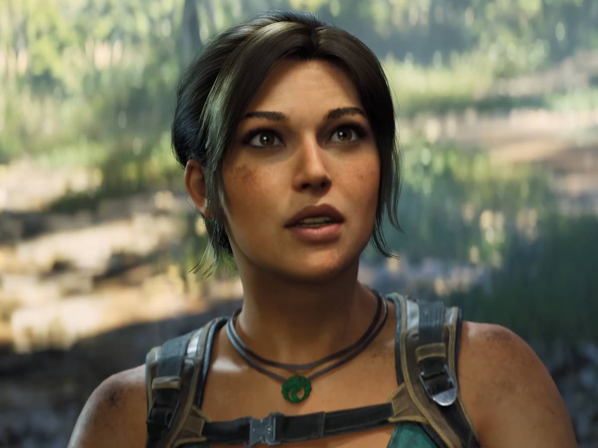 Arte conceitual de Lara Croft em ruínas inspiradas em Atlantis, com visual moderno em Unreal Engine 5