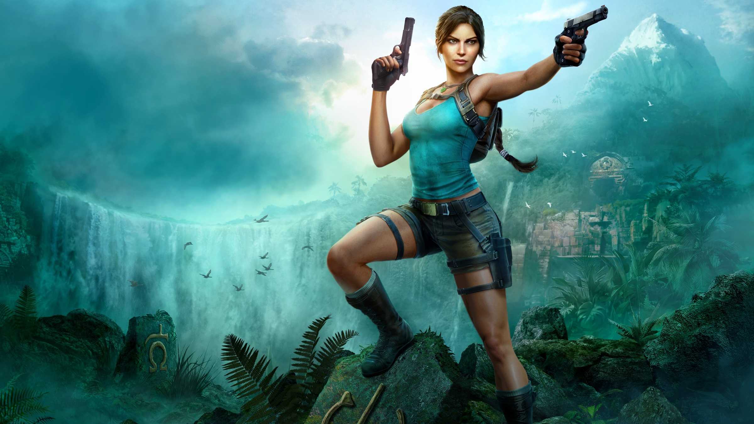 Lara Croft posando no topo de uma rocha em frente a uma cachoeira, segurando suas duas pistolas gêmeas em Tomb Raider Legacy of Atlantis