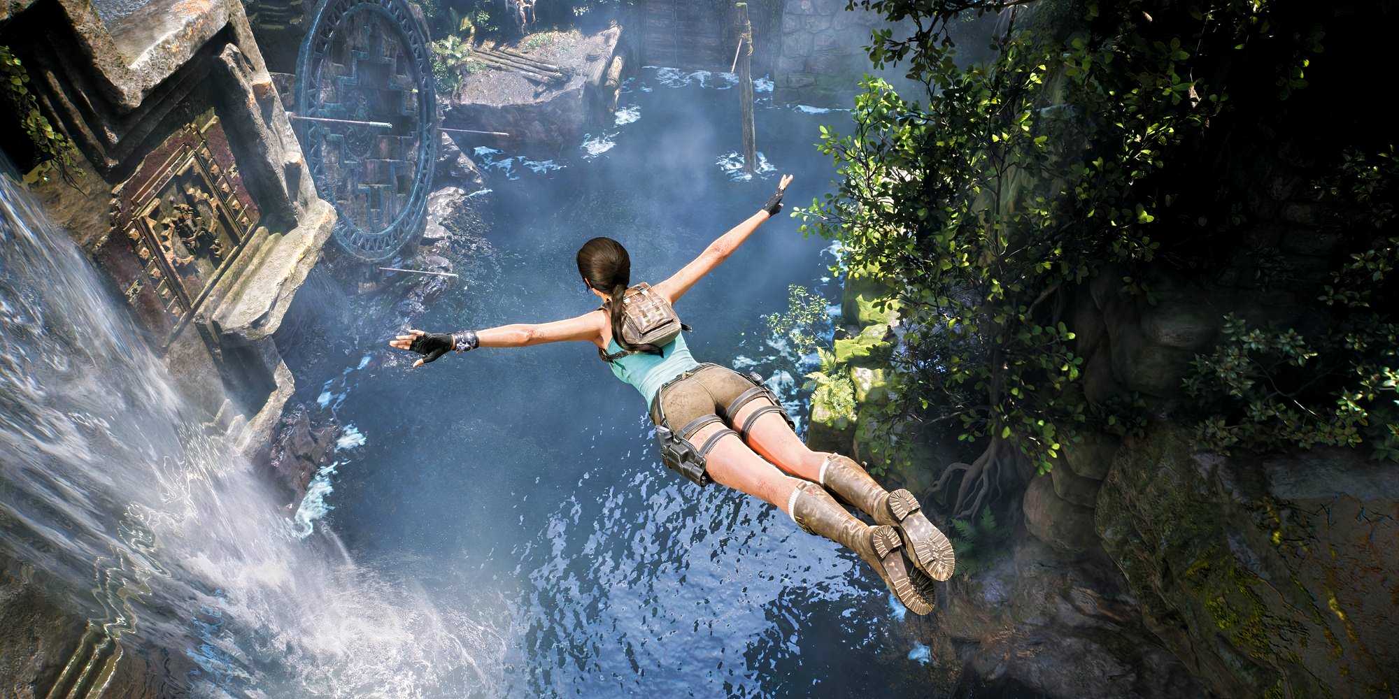 Lara Croft pulando de uma cachoeira