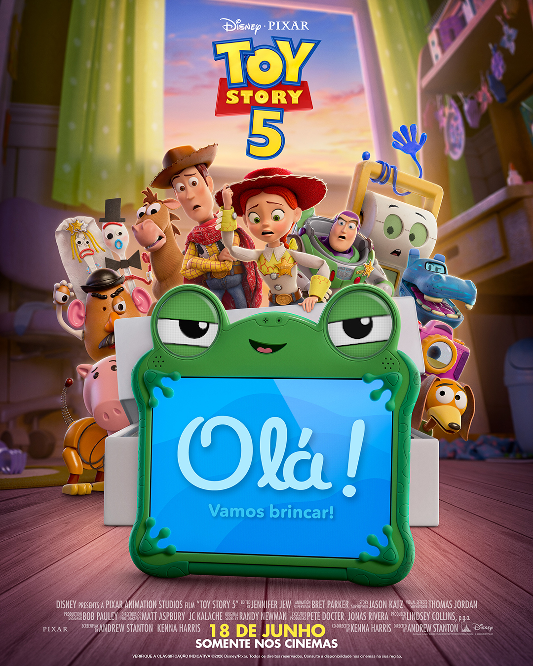 Pôster oficial de Toy Story 5 com Jessie, Woody e Buzz em destaque