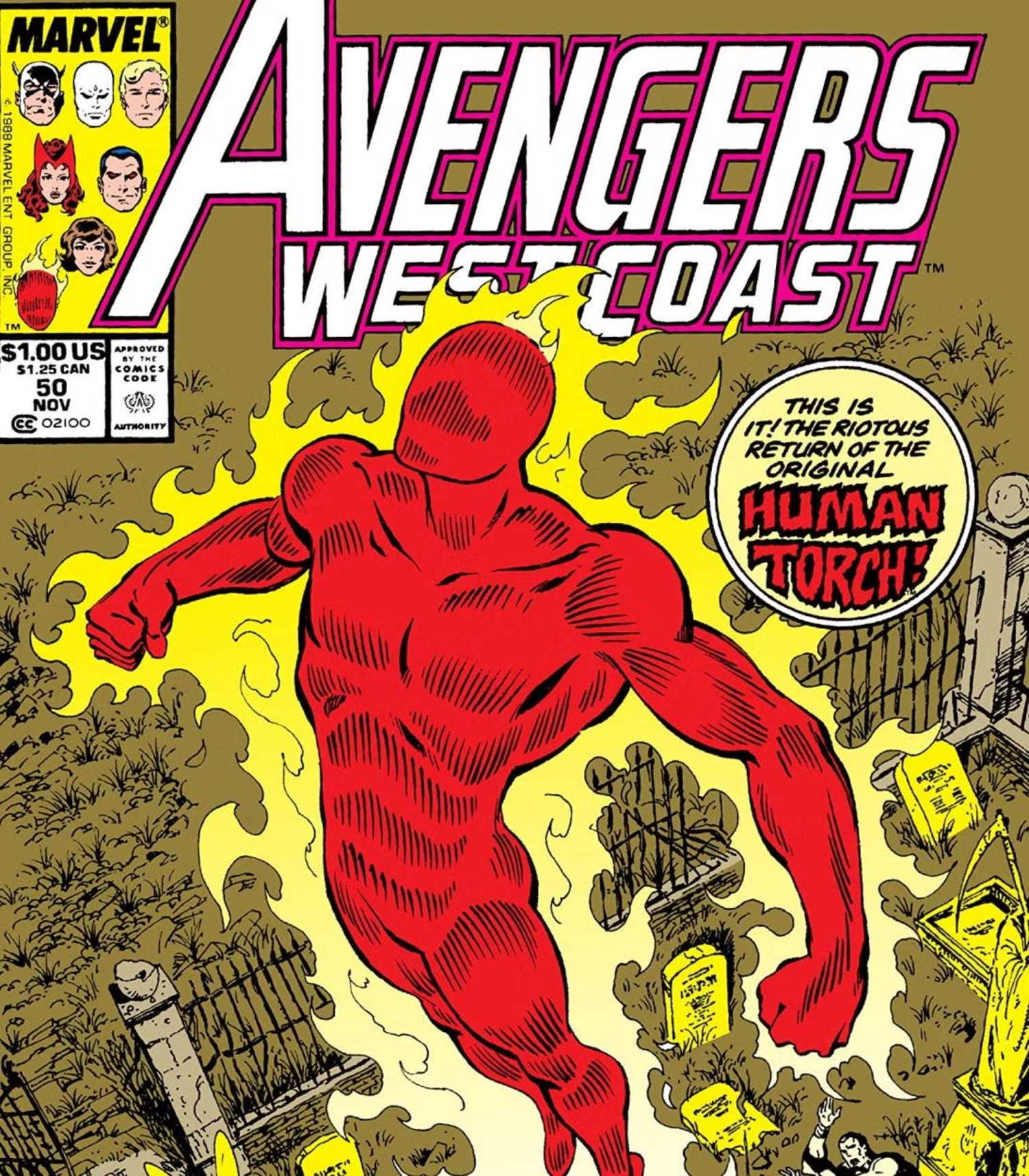 Capa de West Coast Avengers anunciando o retorno do Original Human Torch