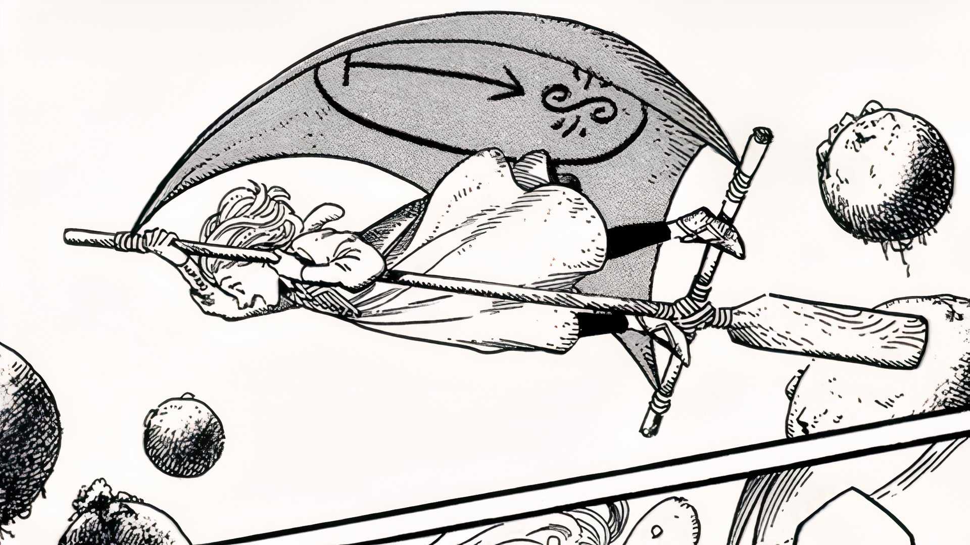 Coco voa em seu tapete voador improvisado feito de uma vela de barco e remo no manga Witch Hat Atelier