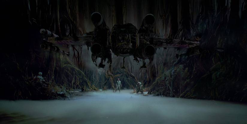 Yoda levanta a nave X-Wing de Luke Skywalker no pântano de Dagobah em The Empire Strikes Back