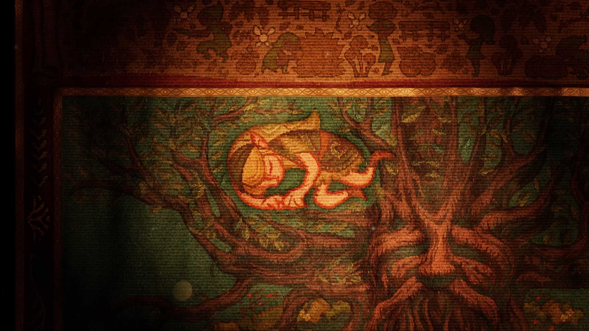 Link dormindo na tapeçaria do trailer do Ocarina.