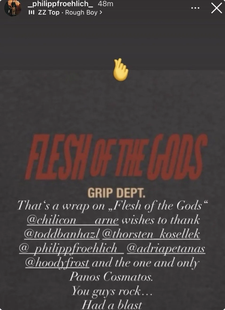 Member of the Flesh of the Gods crew announcing the end of production