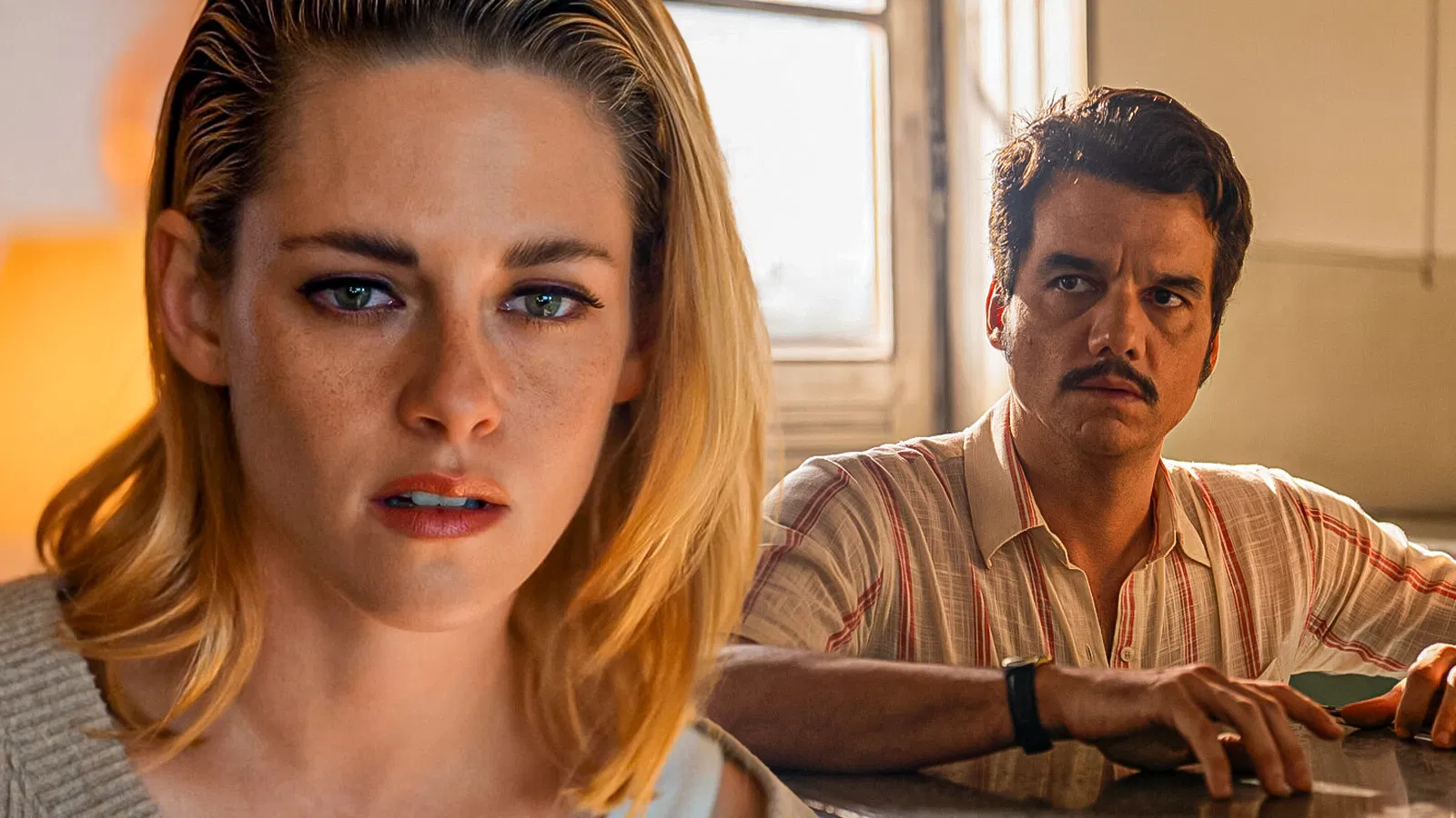 Wagner Moura in a dark promotional portrait for an auteur horror film, with red and blue lighting