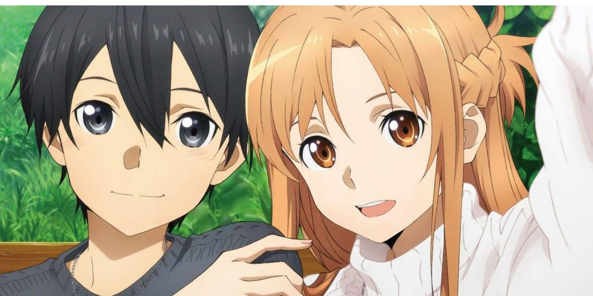 Asuna e Kirito tiram uma selfie em Sword Art Online