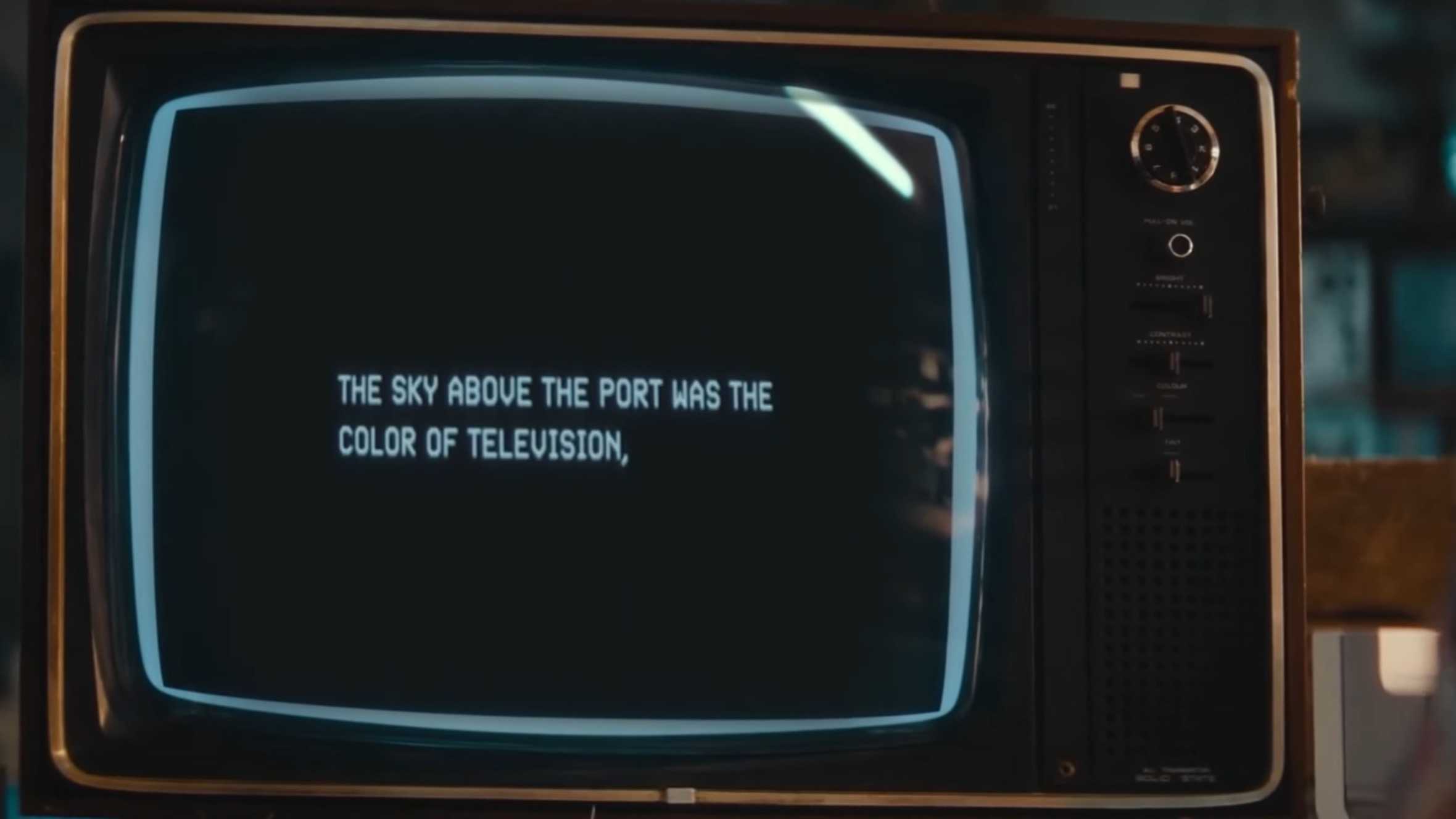 Neuromancer’s opening line appearing on TV screen in Apple TV’s teaser