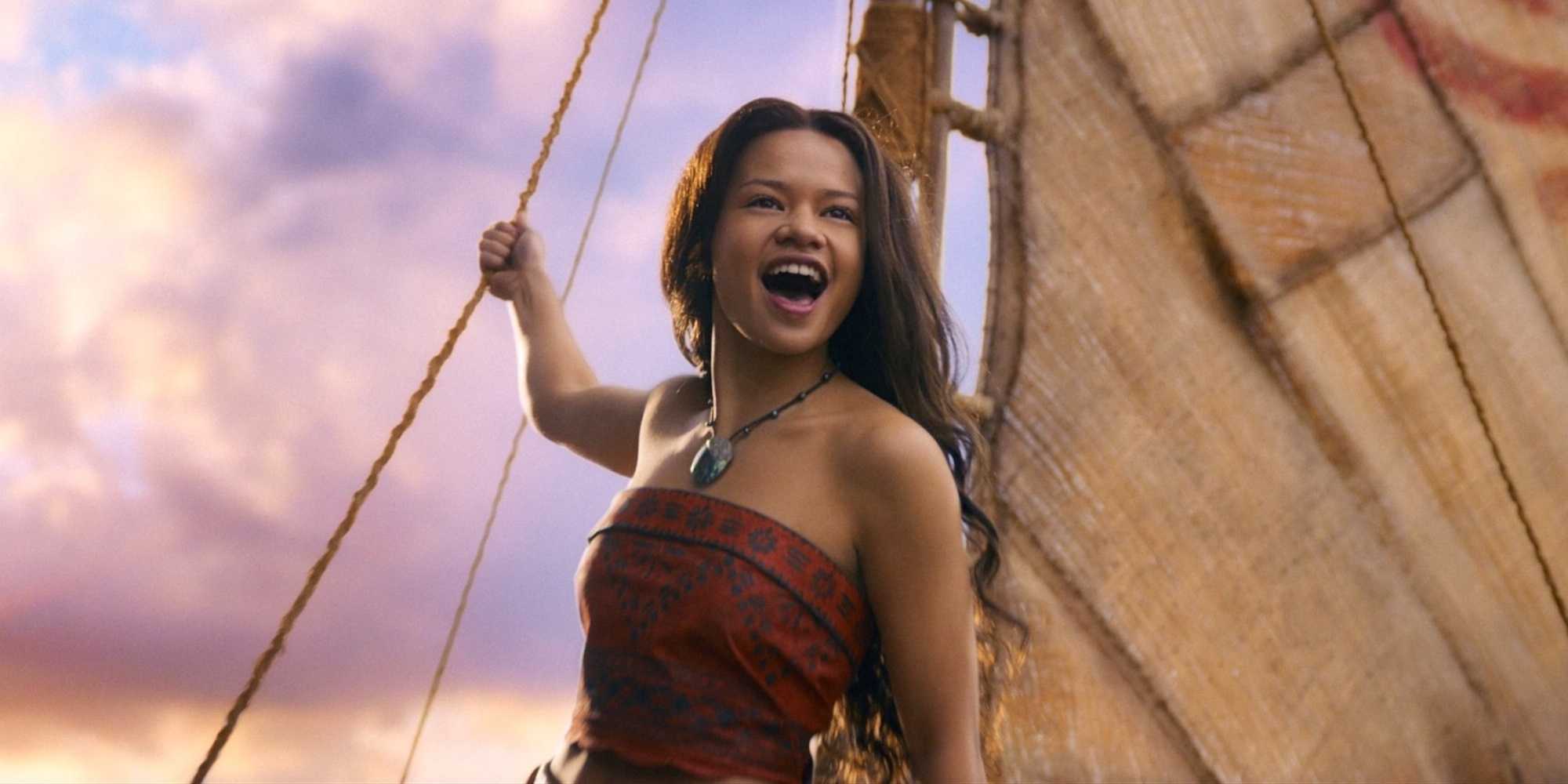 Catherine Laga'aia como Moana cantando no live-action de Moana