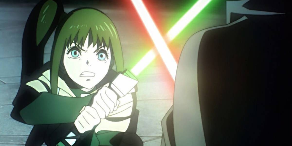 Kara empunhando um sabre de luz verde como a Nona Jedi em Star Wars: Visions Volume 1