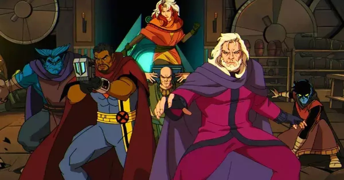 Arte promocional de X-Men '97 destacando Wolverine, Vampira, Tempestade e Gambit